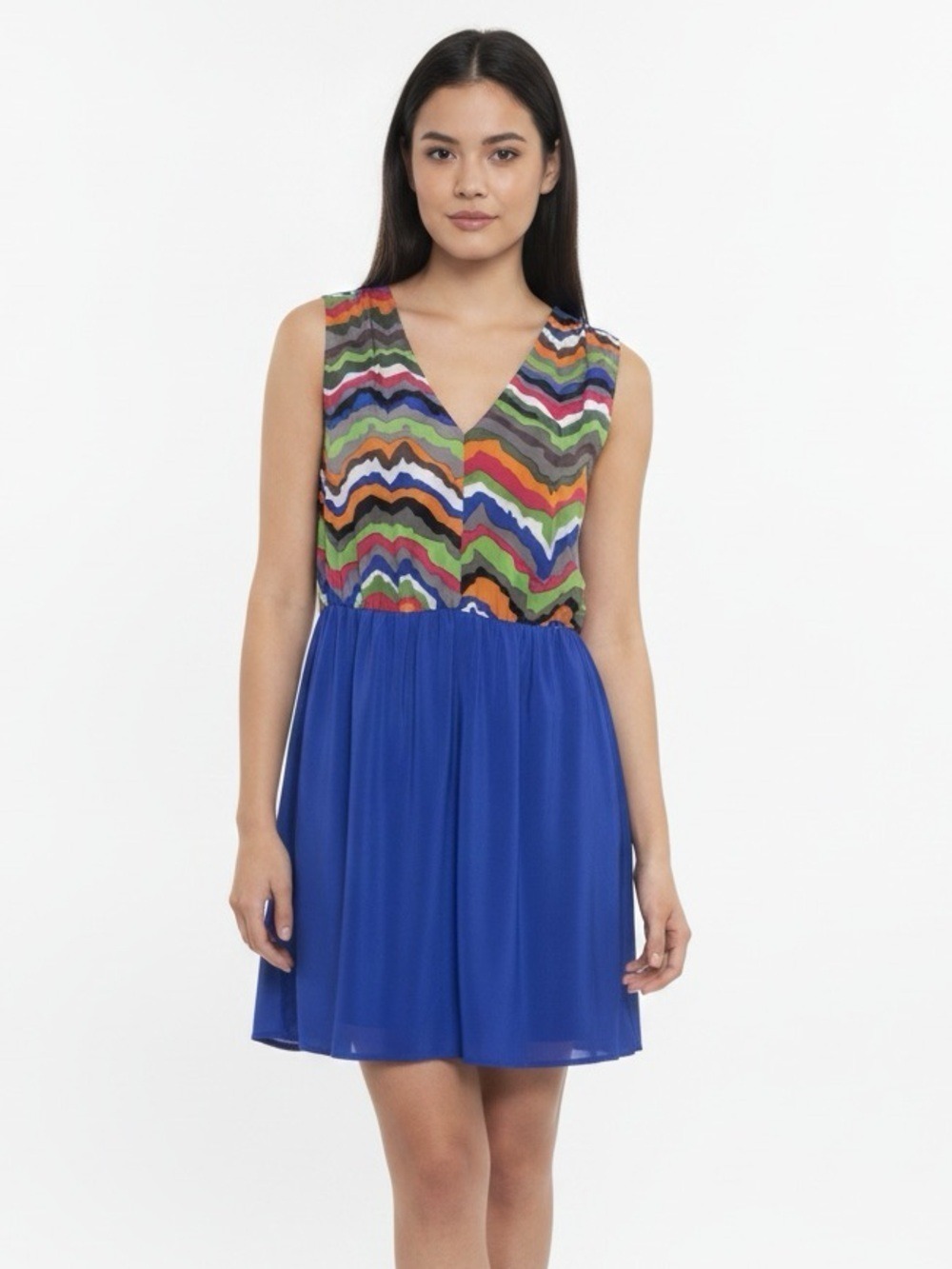 Petticoat Alley 100% Silk Dress Colorblock Pattern V-Neck Sleeveless L Rainbow